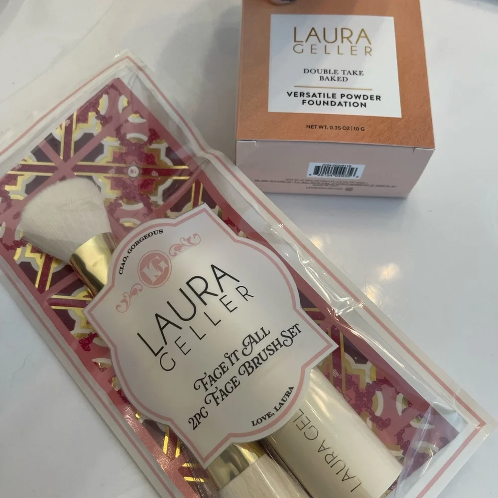 Laura Geller Double Take Baked Versatile Powder Foundation 0.35oz FAIR + Brushes